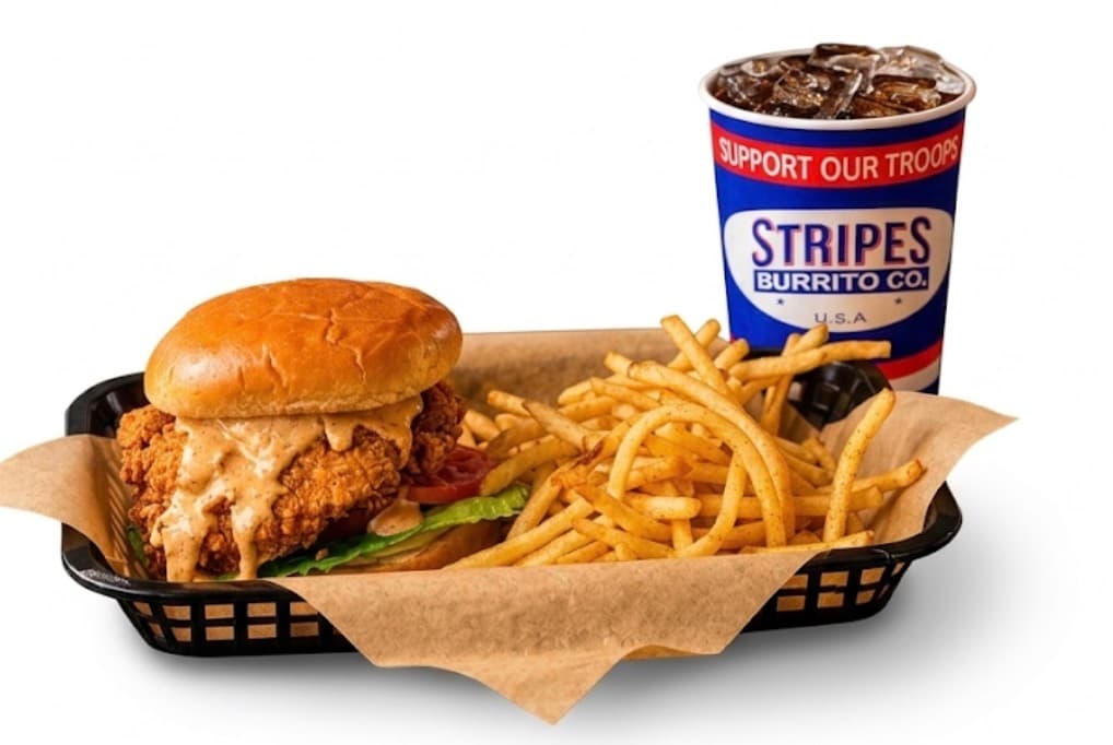 Famous Buttermilk Fried Chicken Sandwich combo with fries and a Stripes drink